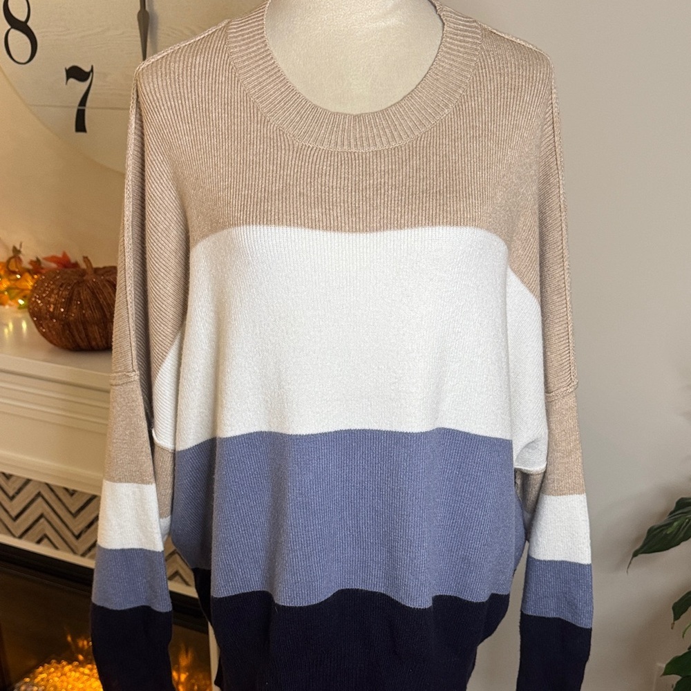 Eesome Tan, White, and Blue Striped Oversized Sweater